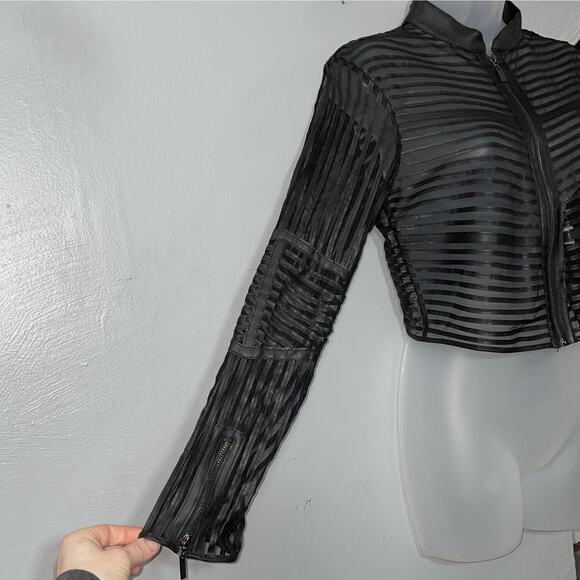 Cyber Goth Juniors Size Medium Black Faux Leather Mesh Sheer Cropped Jacket Punk - Picture 3 of 12